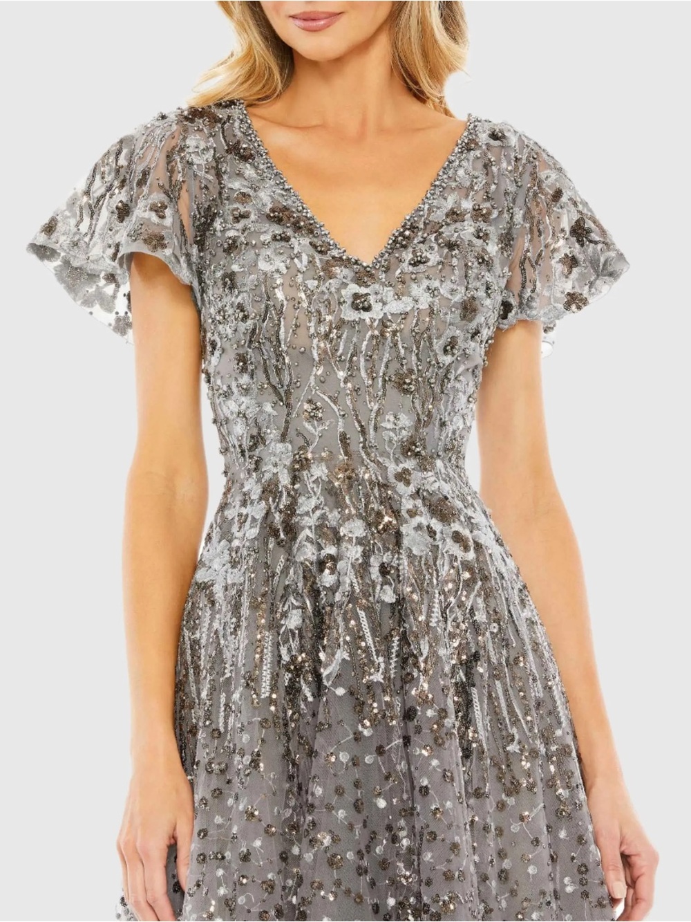 MAC DUGGAL Gray Embellished Butterfly Fit and Flare Midi Dress 20392 size 16 - Picture 8 of 9